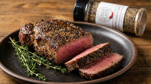Pan-Seared Steak with Roasted Garlic Pepper Crust (Zero Salt)
