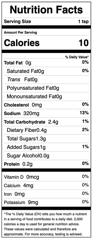 Nutrition facts label for a product with 10 calories per serving