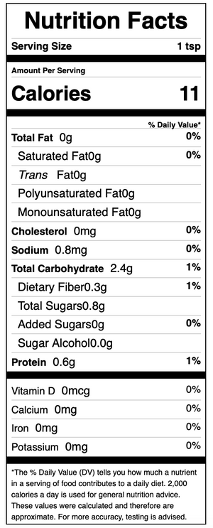 Nutrition facts label for a product with 11 calories per serving
