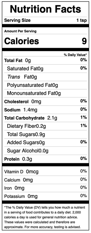 Nutrition facts label for a product with 9 calories per serving