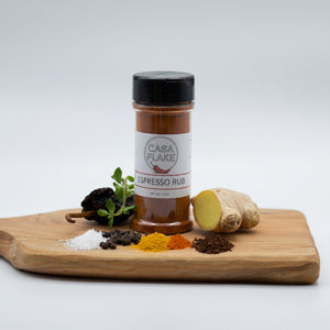 Casa Flake Espresso Rub bottle with ingredients