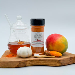 Casa Flake bottle with ingredients for Honey Garlic Sriracha