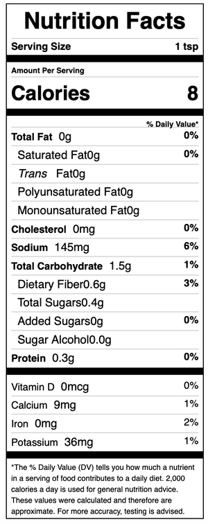 Nutrition facts label for a product with 8 calories per serving