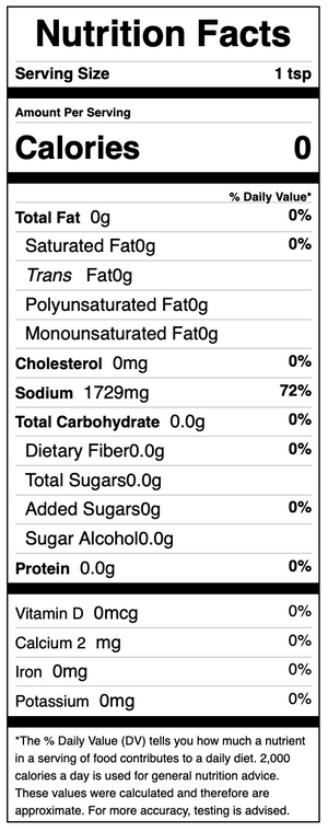 Nutrition facts label for a product with 0 calories per serving