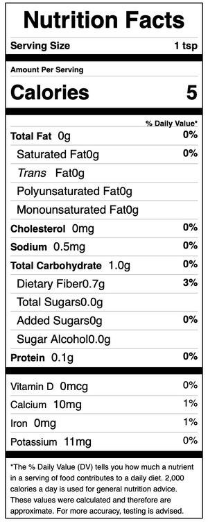 Nutrition facts label for a product with 5 calories per serving