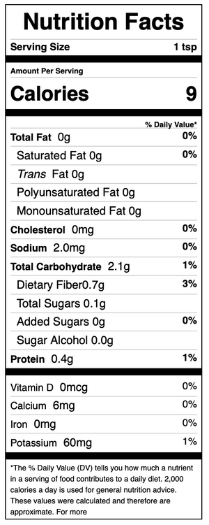 Nutrition facts label for a product with 9 calories per serving