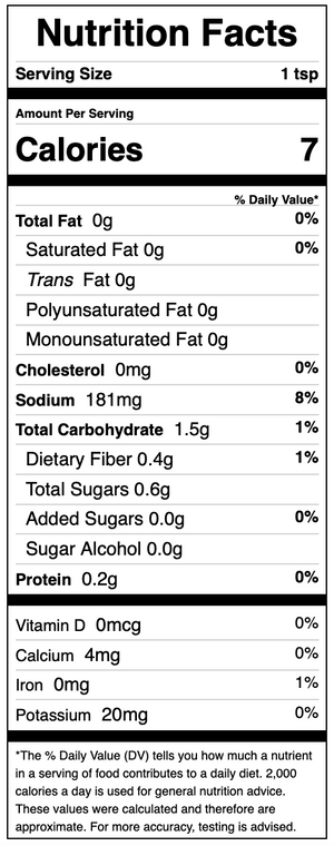 Nutrition facts label for a product with 7 calories per serving