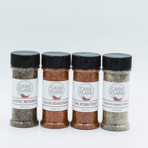 Casa Flake; Rustic Reserve, Cajun Seasoning, The Pork Poet, Roasted Garlic Pepper spice blends
