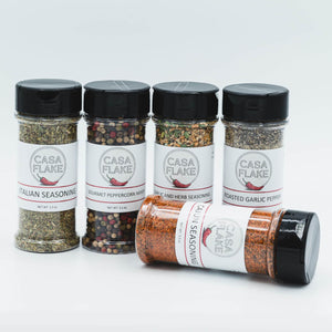 Casa Flake; Italian Seasoning, Gourmet Peppercorn Mixer, Garlic and Herb Seasoning, Roasted Garlic Pepper, Cajun Seasoning spice bottles