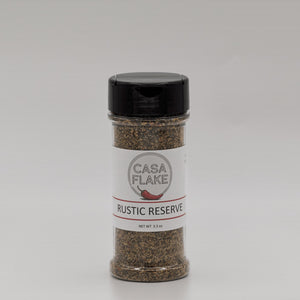 Spice jar labeled 'Casa Flake Rustic Reserve' on a gray background